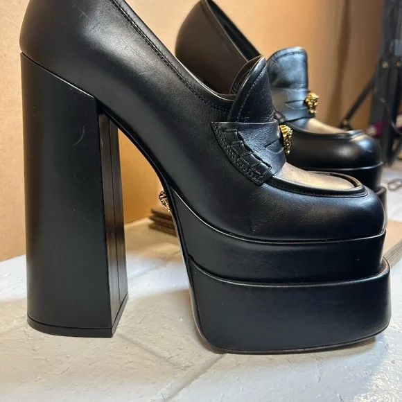 Versace Aevitas Black and Gold Platform Heels - Picture 4 of 9